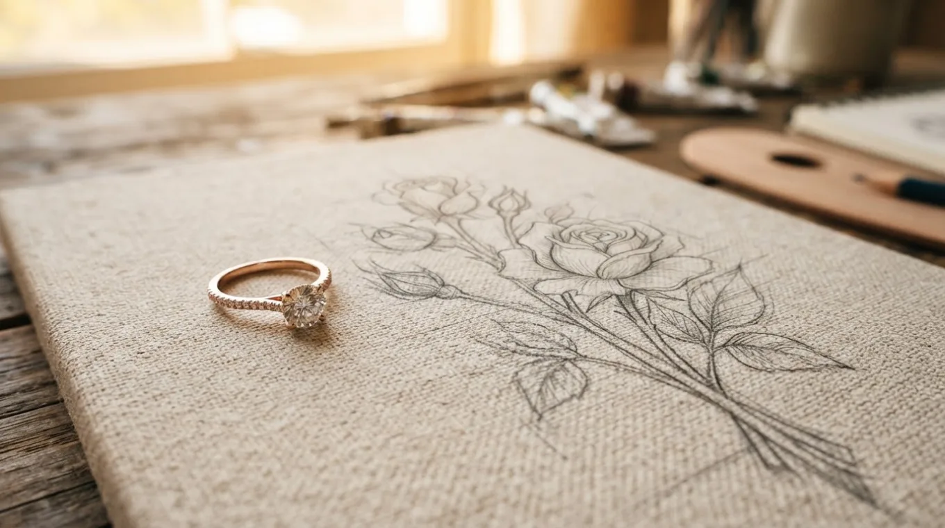 A rose-inspired ring resting on its pencil sketch